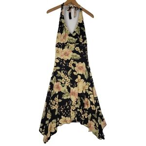 VTG Rampage Black Yellow Tropical Floral Sleeveless Halter Dress USA Medium